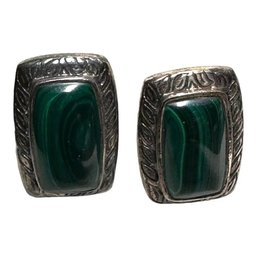 Southwestern green malachite rectangle earrings silver 925 stud-no backs include